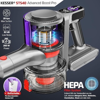 Odkurzacz bezprzewodowy KESSER – 260 W, 28 kPa, HEPA, LED, do 45 min, 2,8 kg, akumulator Li-Ion