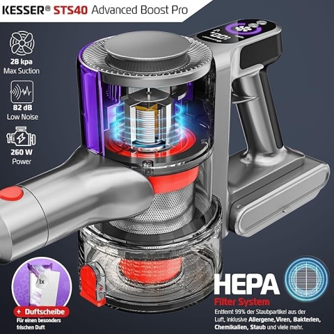 Odkurzacz bezprzewodowy KESSER – 260 W, 28 kPa, HEPA, LED, do 45 min, 2,8 kg, akumulator Li-Ion