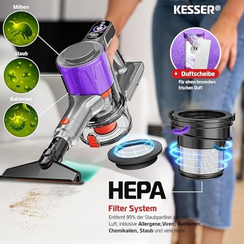 Odkurzacz bezprzewodowy KESSER – 260 W, 28 kPa, HEPA, LED, do 45 min, 2,8 kg, akumulator Li-Ion