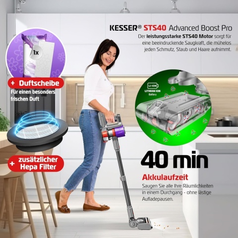 Odkurzacz bezprzewodowy KESSER – 260 W, 28 kPa, HEPA, LED, do 45 min, 2,8 kg, akumulator Li-Ion