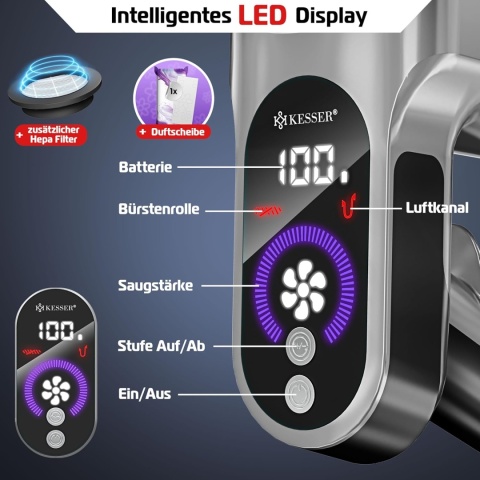 Odkurzacz bezprzewodowy KESSER – 260 W, 28 kPa, HEPA, LED, do 45 min, 2,8 kg, akumulator Li-Ion