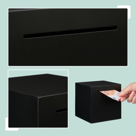 Skarbonka bez otwierania - stal nierdzewna - czarna - 15x15x15 cm