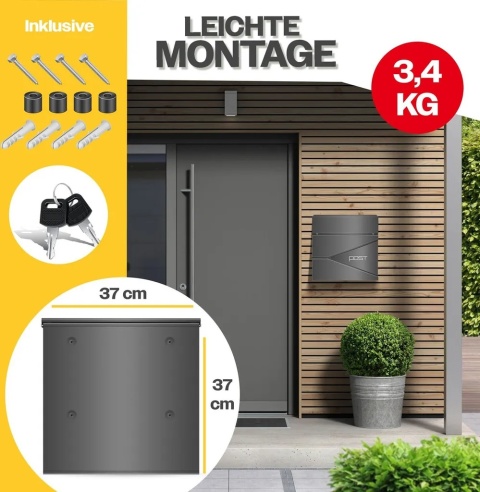 Skrzynka na listy z gazetnikiem – KESSER – czarna – 37x37x10,5 cm – stal – zamek cylindryczny