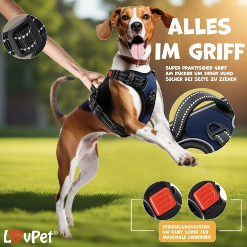Szelki dla psa LOVPET M – granatowe – regulowane, wodoodporne – szyja 36-51 cm, klatka 41-71 cm