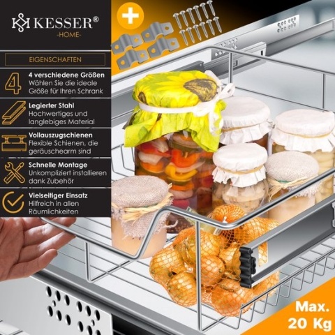 Szuflada kuchenna teleskopowa KESSER 60 cm – stal – srebrna – montaż boczny – do 20 kg