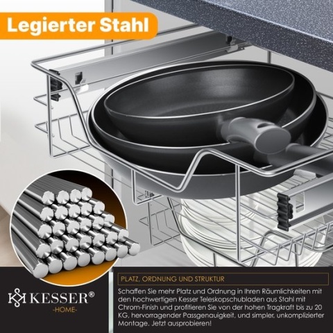 Szuflada kuchenna teleskopowa KESSER 60 cm – stal – srebrna – montaż boczny – do 20 kg
