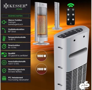 Termowentylator kolumnowy KESSER – 1000/2000W – 52x9x19 cm – pilot – PTC – automatyczne wyłączanie