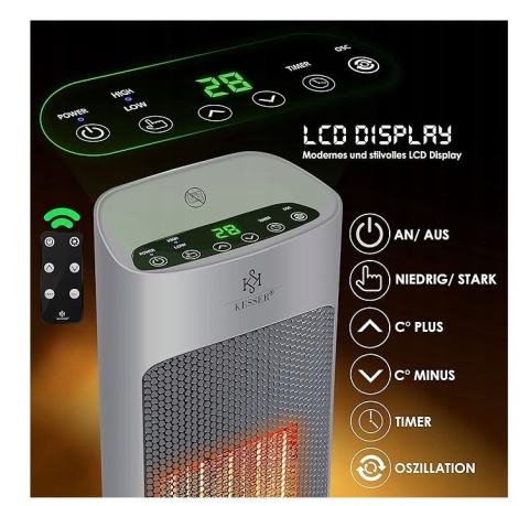 Termowentylator kolumnowy KESSER – 1000/2000W – 52x9x19 cm – pilot – PTC – automatyczne wyłączanie