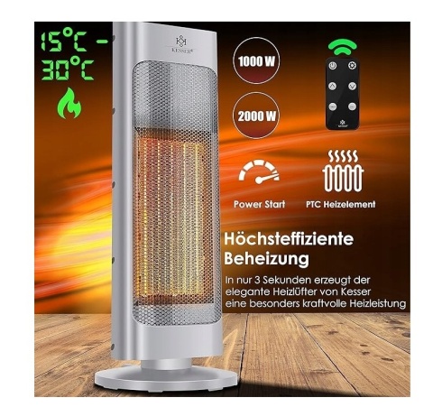 Termowentylator kolumnowy KESSER – 1000/2000W – 52x9x19 cm – pilot – PTC – automatyczne wyłączanie