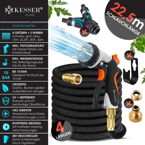 Wąż ogrodowy KESSER Premium 22,5 m – elastyczny – poliester/mosiądz/lateks – czarny – 10 bar