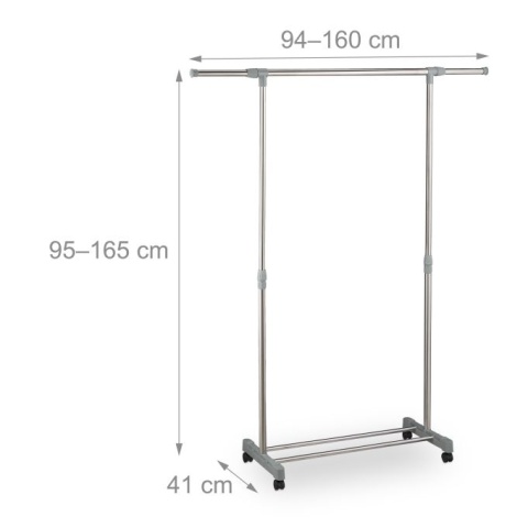 Wieszak na ubrania mobilny na kółkach - 95-165x94-160x41 cm - srebrny/szary - max 20 kg