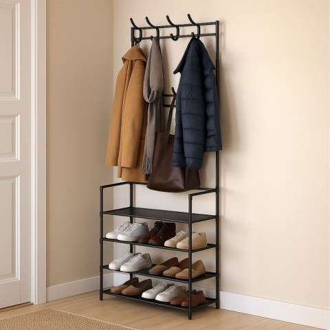 Wieszak na ubrania z 4 półkami na buty - czarny - 150x61x27,5 cm - żelazo