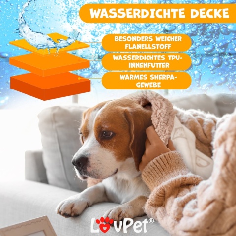Wodoodporny kocyk dla psa LOVPET® 152x127 cm – polar Sherpa, dwustronny, na kanapę/legowisko, 3 kości