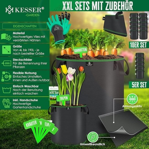 Worki ogrodowe KESSER 60L 45x42 cm – włóknina, czarne, zestaw 5 szt.