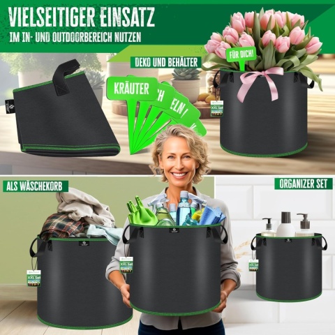 Worki ogrodowe KESSER 60L 45x42 cm – włóknina, czarne, zestaw 5 szt.