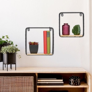 Zestaw 2 półek wiszących Cube czarny/jasnobrązowy MDF/żelazo 25x25x12cm i 20x20x12cm