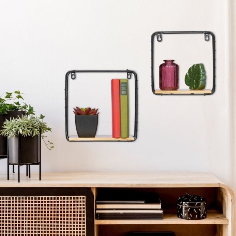 Zestaw 2 półek wiszących Cube czarny/jasnobrązowy MDF/żelazo 25x25x12cm i 20x20x12cm