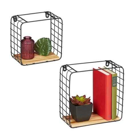 Zestaw 2 półek wiszących Cube czarny/jasnobrązowy MDF/żelazo 25x25x12cm i 20x20x12cm