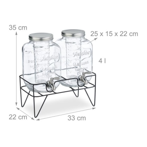 Dystrybutor do napojów 4L - 2 sztuki - szkło/stal - stojak - przezroczysty/srebrny/czarny