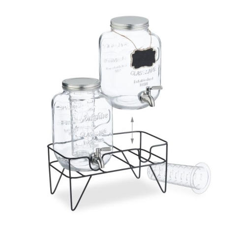 Dystrybutor do napojów 4L - 2 sztuki - szkło/stal - stojak - przezroczysty/srebrny/czarny