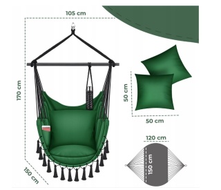 Fotel wiszący KESSER Safari XXL 150x105 cm - ciemnozielony - do 150 kg