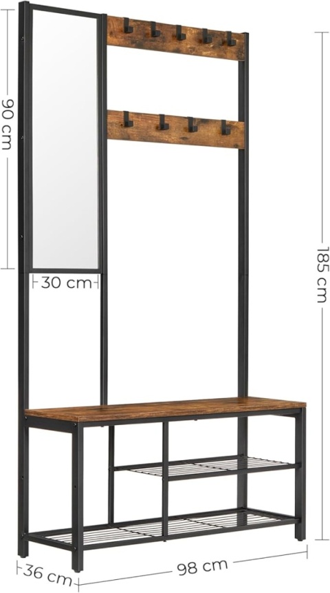 Garderoba do przedpokoju z lustrem siedziskiem i półkami 98x36x185 cm rustykalny brąz
