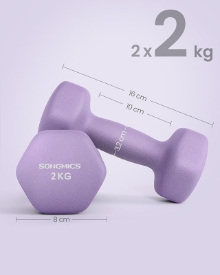Hantle neoprenowe SONGMICS 2 × 2 kg - Królewski fiolet - Sześciokątne - Antypoślizgowe