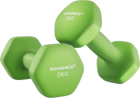 Hantle neoprenowe SONGMICS 2 × 2 kg - Zielone - Sześciokątne - Antypoślizgowe