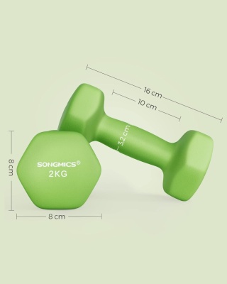 Hantle neoprenowe SONGMICS 2 × 2 kg - Zielone - Sześciokątne - Antypoślizgowe
