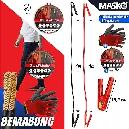 Kable rozruchowe MASKO 2x4 m - 1500A - 12/24V - 30 mm - zabezpieczenie