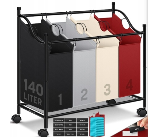 Kosz na bieliznę KESSER 4 przegrody - 140L - Oxford 600D - stal - kółka 360°