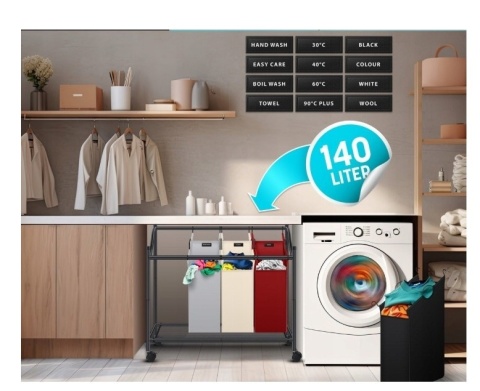 Kosz na bieliznę KESSER 4 przegrody - 140L - Oxford 600D - stal - kółka 360°