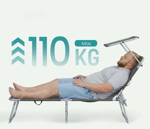 Leżak ogrodowy składany z daszkiem 189x53x28,5 cm regulowany do 150 kg szary