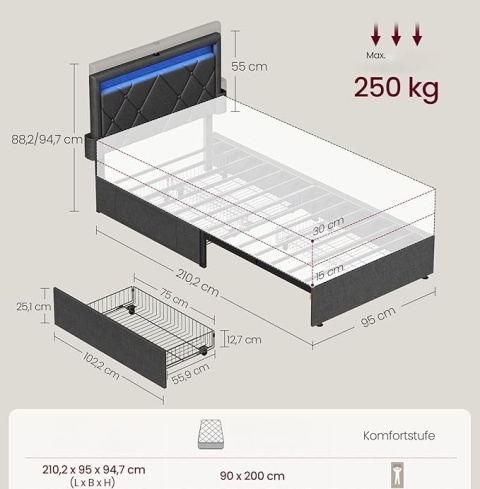 Łóżko tapicerowane VASAGLE 90*200 cm - Beżowe - Z regulowanym zagłówkiem - Stelaż metalowy