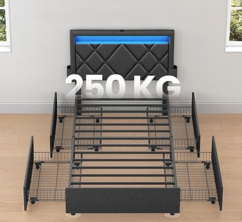 Łóżko tapicerowane VASAGLE 90*200 cm - Beżowe - Z regulowanym zagłówkiem - Stelaż metalowy