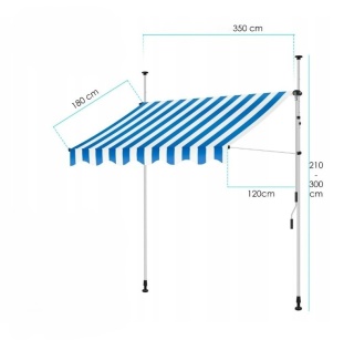 Markiza balkonowa/tarasowa 350x180 cm - biało-niebieska - poliester/stal - regulowana