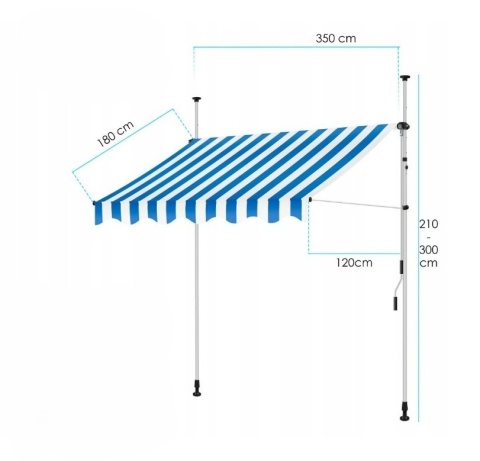 Markiza balkonowa/tarasowa 350x180 cm - biało-niebieska - poliester/stal - regulowana