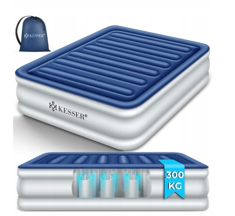 Materac dwuosobowy KESSER 203x152,5x51 cm - niebiesko-biały - pompa elektryczna