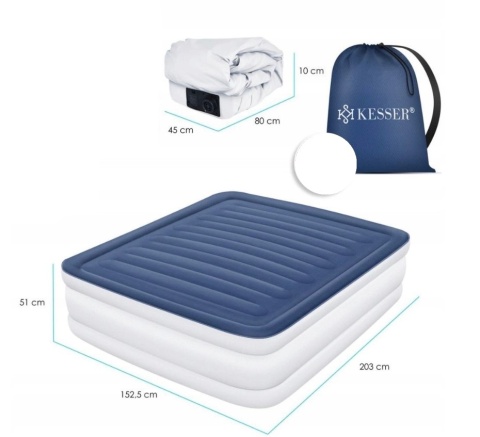 Materac dwuosobowy KESSER 203x152,5x51 cm - niebiesko-biały - pompa elektryczna