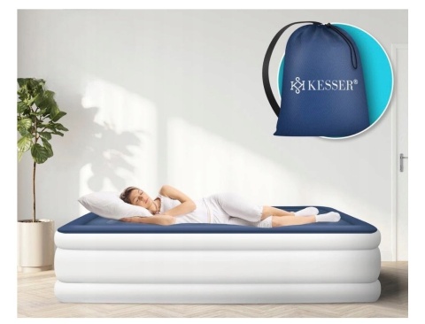 Materac dwuosobowy KESSER 203x152,5x51 cm - niebiesko-biały - pompa elektryczna