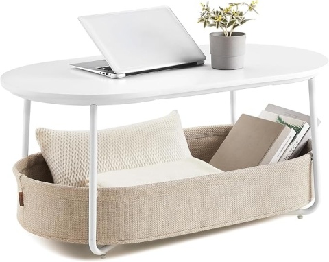 Owalny stolik kawowy VASAGLE - Z koszem z tkaniny - Biało-wielbłądzi - Metalowa rama