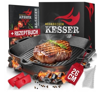 Patelnia grillowa żeliwna KESSER 26 cm - non-stick - do 300°C - indukcja/gaz/piekarnik