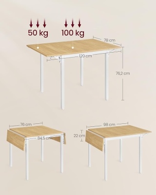 Stół składany kuchenny 120x78x76,2 cm dla 2-4 osób biały dąb
