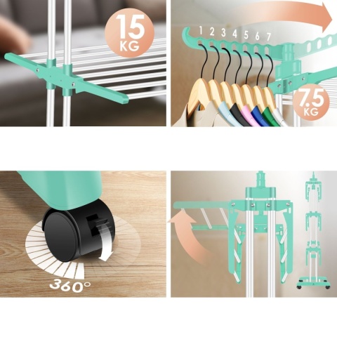 Suszarka wieżowa KESSER 4-poziomowa - 172x76x60 cm - 62 szt. prania - do 50 kg - z kółkami