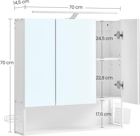 Szafka łazienkowa z lustrem i lampą LED - 3 drzwi, regulowana półka