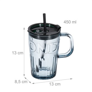 Szklane kubki ze słomką i uchwytem 4 sztuki - 450 ml - szare
